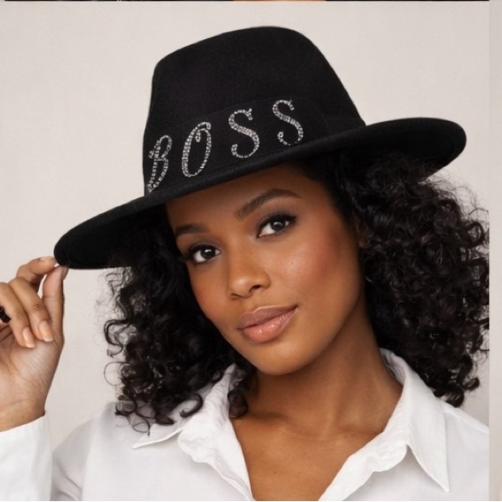 Boss Black Wide-Brim Hat Rhinestone details
